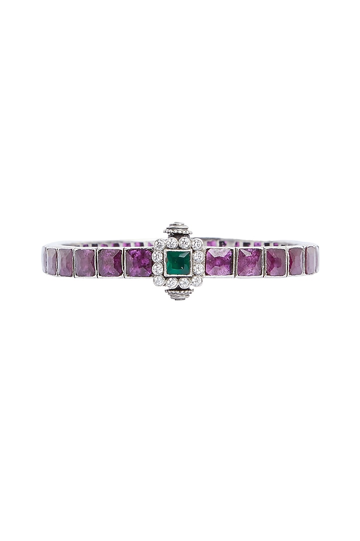 White Finish Ruby & Emerald Square Synthetic Stone Bangle In Sterling Silver by Ahilya Jewels at Pernia's Pop Up Shop