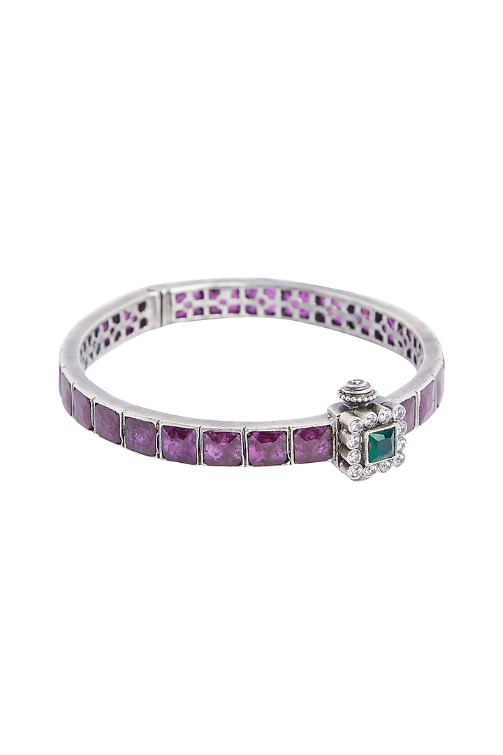 White Finish Ruby & Emerald Square Synthetic Stone Bangle In Sterling Silver by Ahilya Jewels at Pernia's Pop Up Shop