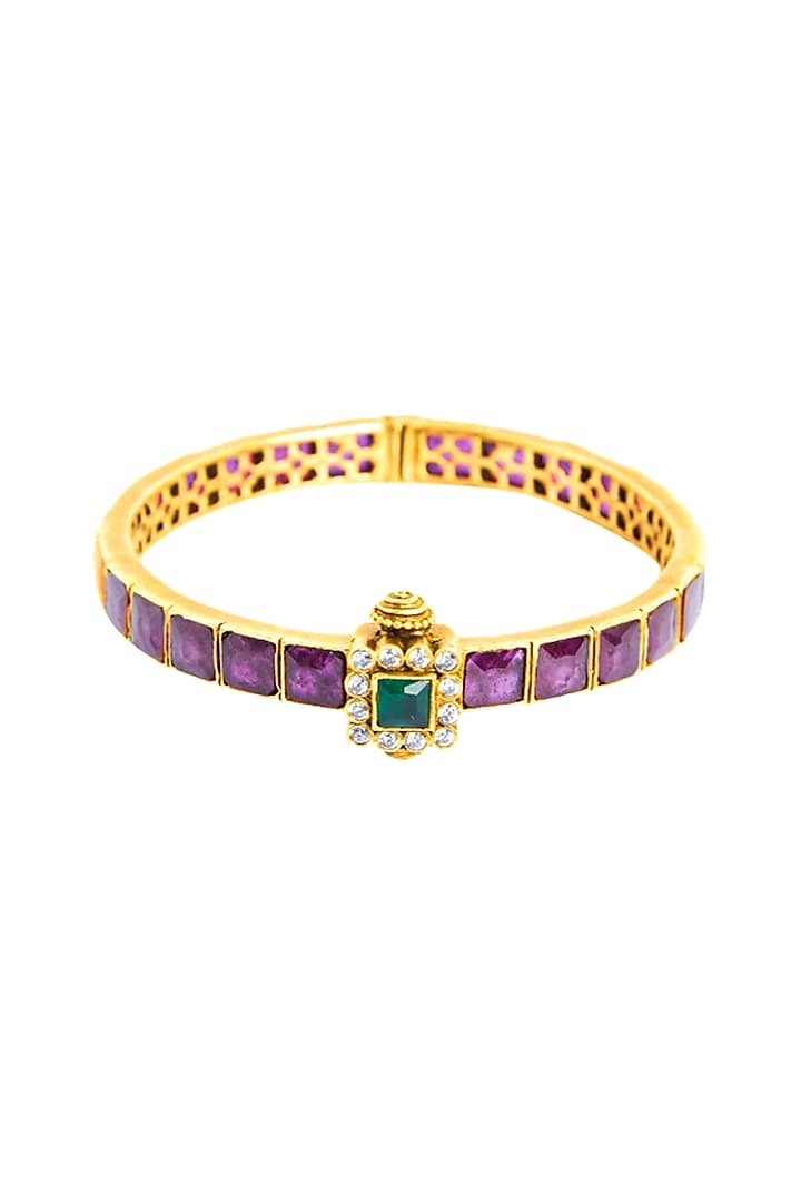 Gold Plated Ruby & Emerald Square Synthetic Stone Bangle In Sterling Silver by Ahilya Jewels at Pernia's Pop Up Shop