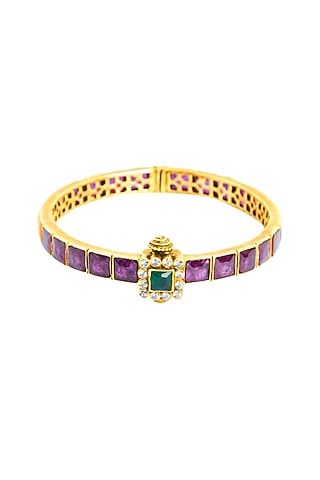 Gold Plated Ruby & Emerald Square Synthetic Stone Bangle In Sterling Silver by Ahilya Jewels