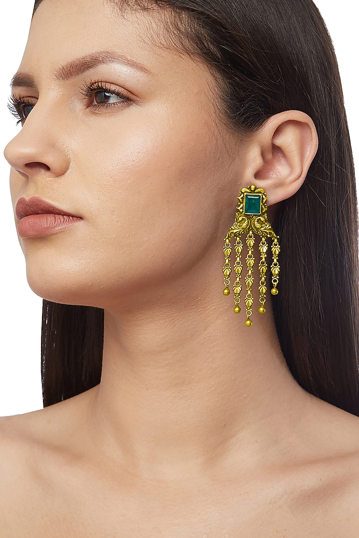 Gold Plated Green Stones Earrings In Sterling Silver by Ahilya Jewels at Pernia's Pop Up Shop