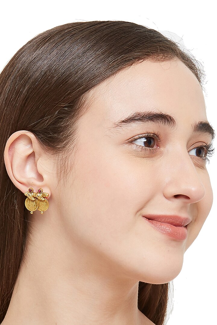 Gold Plated Laxmi Coins Stud Earrings In Sterling Silver by Ahilya Jewels at Pernia's Pop Up Shop