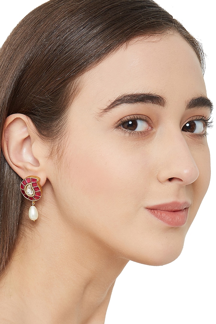 Gold Plated Ruby Glass Maangtikka With Earrings & Ring In Sterling Silver by Ahilya Jewels