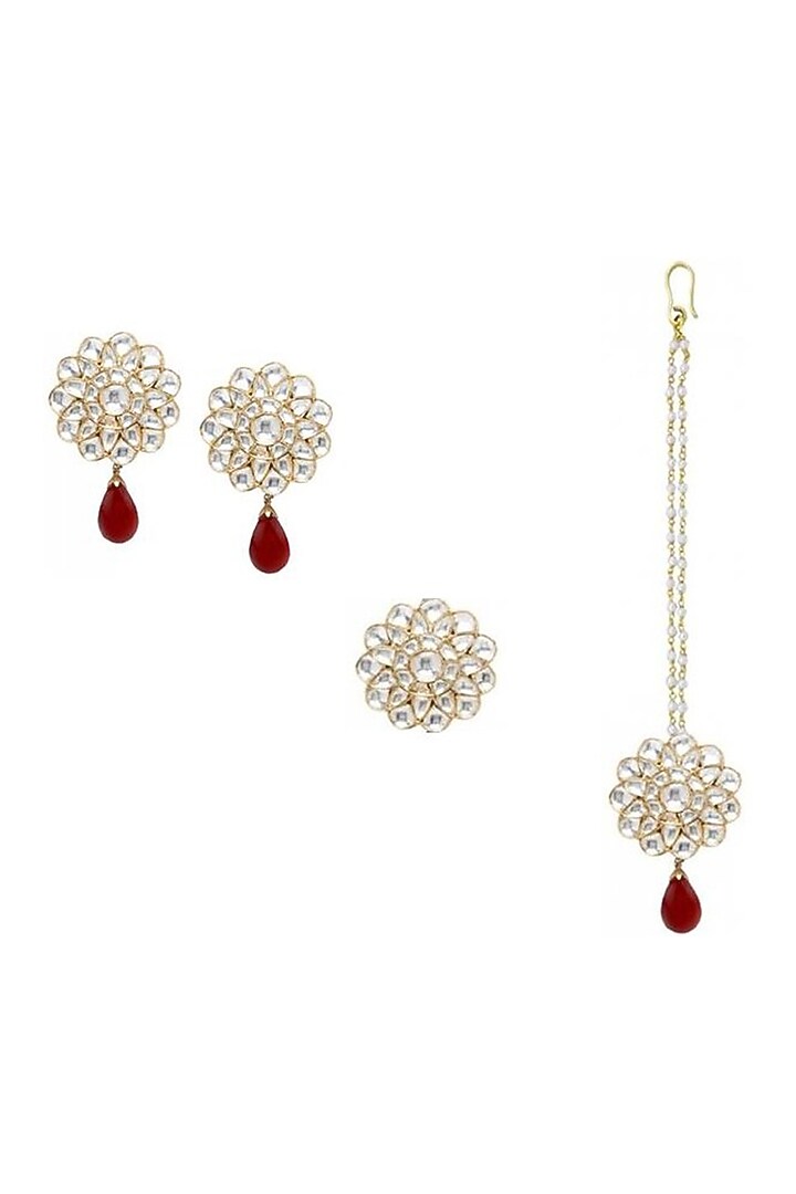 Gold Plated Red Onyx Maangtikka With Earrings & Ring In Sterling Silver by Ahilya Jewels at Pernia's Pop Up Shop