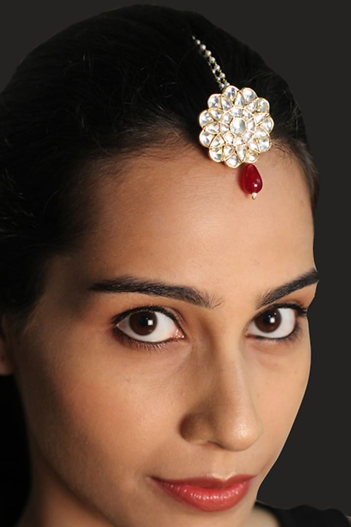 Gold Plated Red Onyx Maangtikka With Earrings & Ring In Sterling Silver by Ahilya Jewels