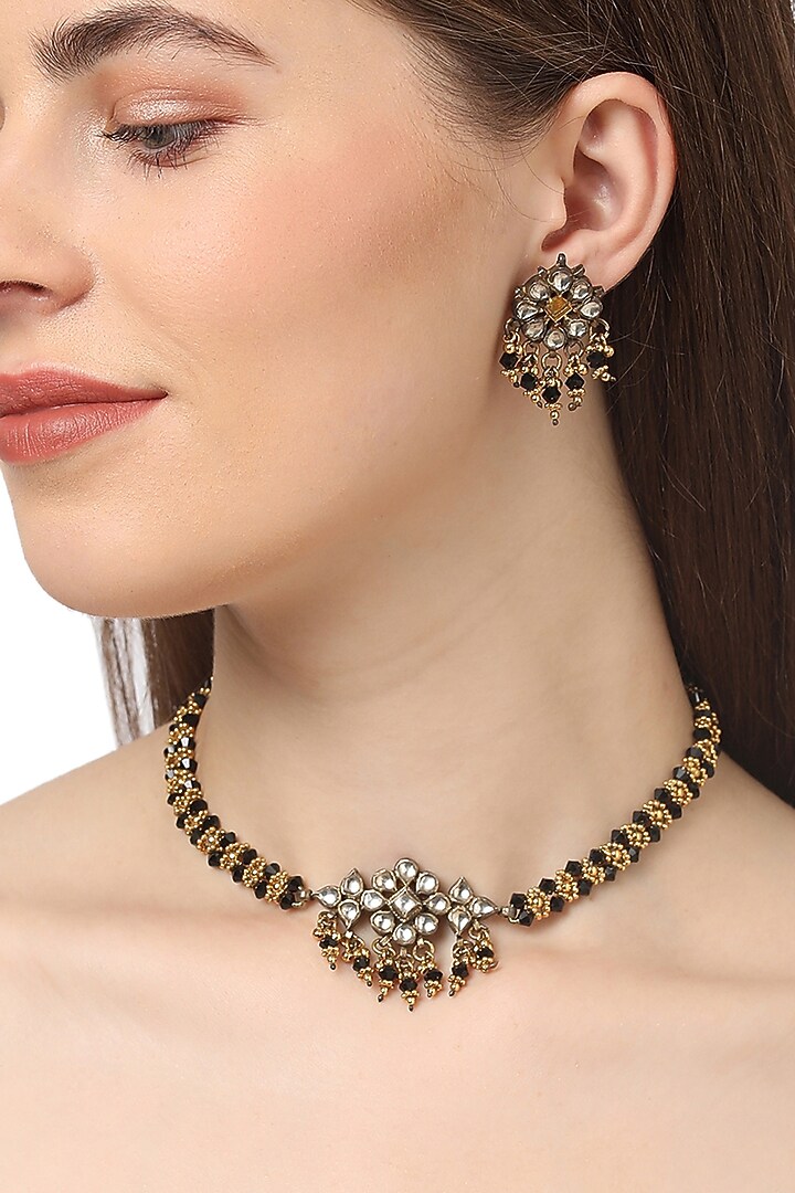 Gold Plated Green Jadau Necklace Set In Sterling Silver by Ahilya Jewels at Pernia's Pop Up Shop