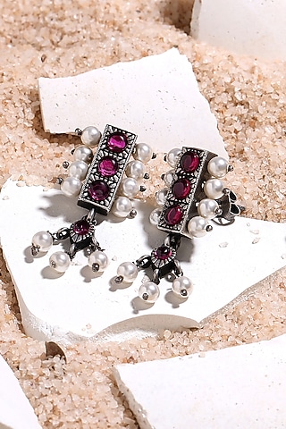 Silver Finish Red Stone & Pearl Dangler Earrings In Sterling Silver by Ahilya Jewels