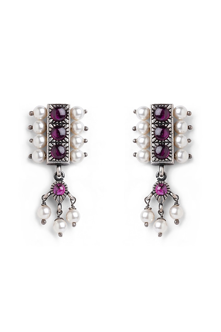 Silver Finish Red Stone & Pearl Dangler Earrings In Sterling Silver by Ahilya Jewels at Pernia's Pop Up Shop