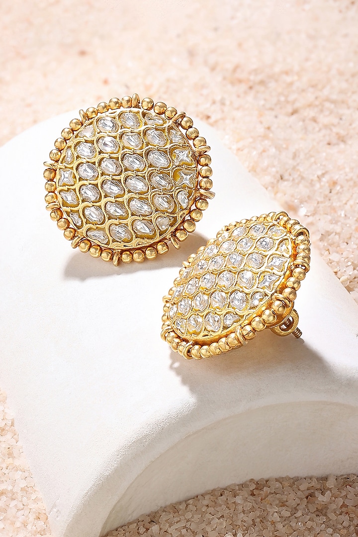Gold Finish Jaali Stud Earrings In Sterling Silver by Ahilya Jewels