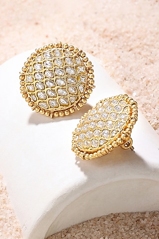 Gold Finish Jaali Stud Earrings In Sterling Silver by Ahilya Jewels