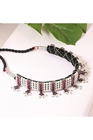 Silver Finish Stone & Pearl Choker Necklace In Sterling Silver by Ahilya Jewels