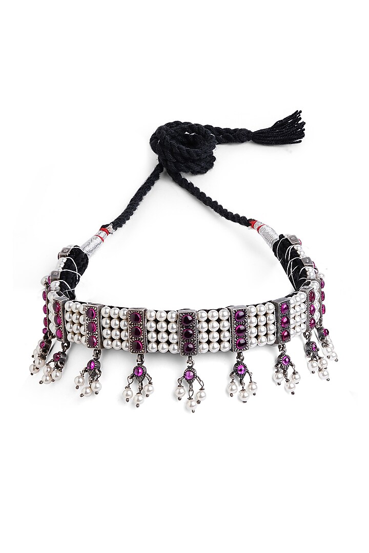 Silver Finish Stone & Pearl Choker Necklace In Sterling Silver by Ahilya Jewels at Pernia's Pop Up Shop