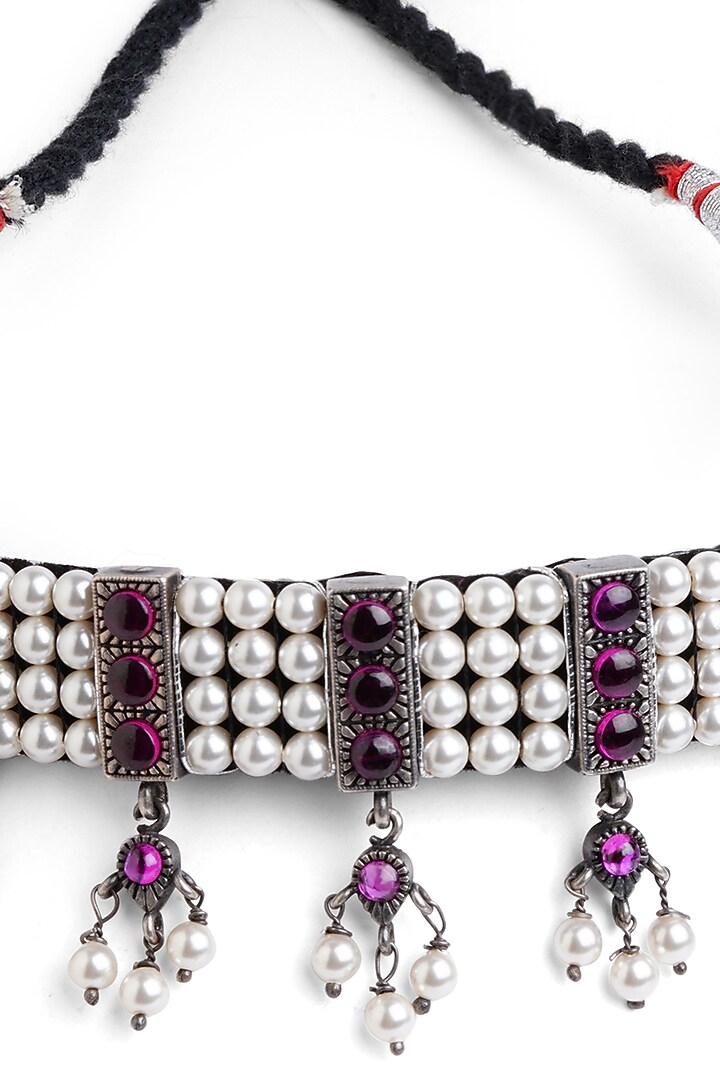 Silver Finish Stone & Pearl Choker Necklace In Sterling Silver by Ahilya Jewels at Pernia's Pop Up Shop