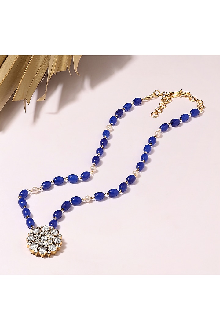 Silver Finish Sapphire & Pearl Temple Long Necklace In Sterling Silver by Ahilya Jewels
