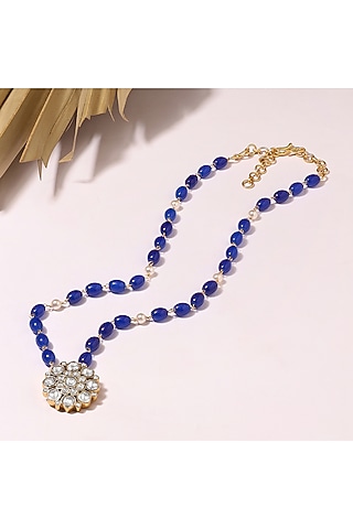 Silver Finish Sapphire & Pearl Temple Long Necklace In Sterling Silver by Ahilya Jewels