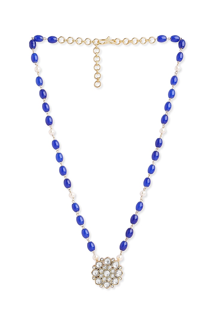 Silver Finish Sapphire & Pearl Temple Long Necklace In Sterling Silver by Ahilya Jewels at Pernia's Pop Up Shop