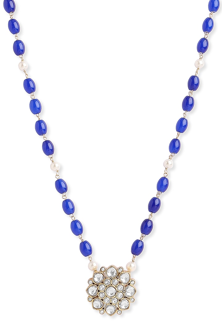 Silver Finish Sapphire & Pearl Temple Long Necklace In Sterling Silver by Ahilya Jewels at Pernia's Pop Up Shop