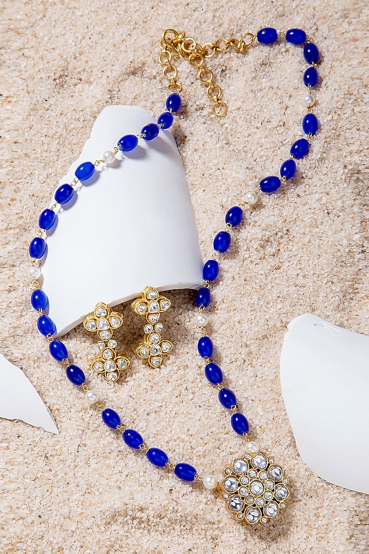 Gold Finish Sapphire & Pearl Temple Necklace In Sterling Silver by Ahilya Jewels