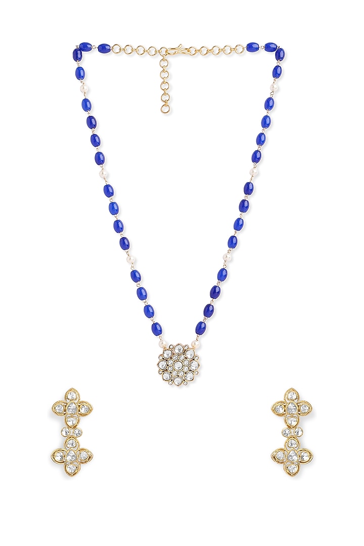 Gold Finish Sapphire & Pearl Temple Necklace In Sterling Silver by Ahilya Jewels at Pernia's Pop Up Shop