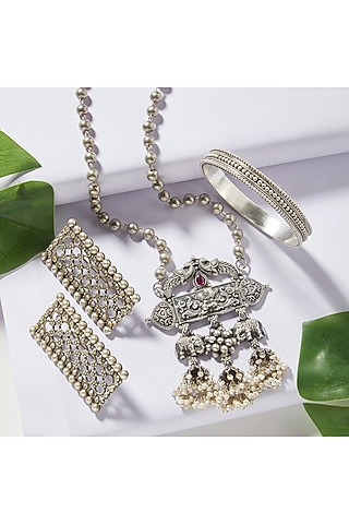 Silver Finish Pearl Necklace Set In Sterling Silver by Ahilya Jewels
