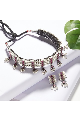 Silver Finish Red Stone Choker Necklace Set In Sterling Silver by Ahilya Jewels