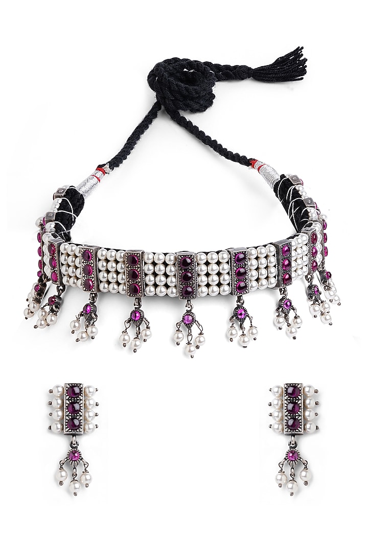 Silver Finish Red Stone Choker Necklace Set In Sterling Silver by Ahilya Jewels at Pernia's Pop Up Shop