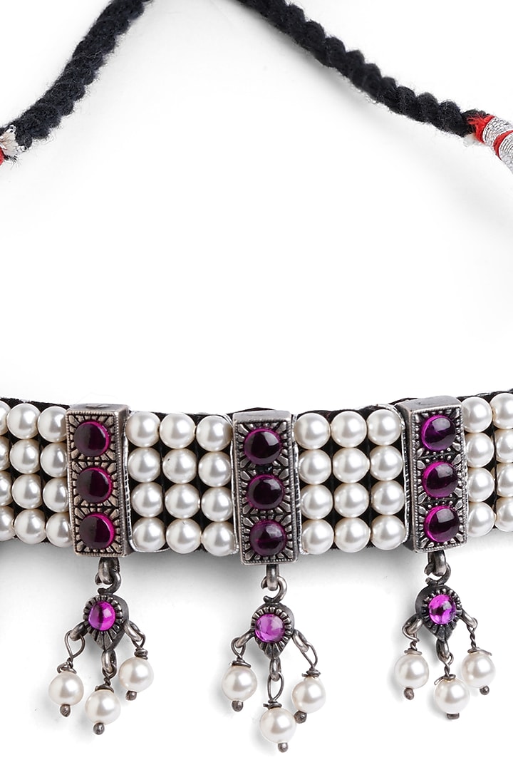 Silver Finish Red Stone Choker Necklace Set In Sterling Silver by Ahilya Jewels at Pernia's Pop Up Shop