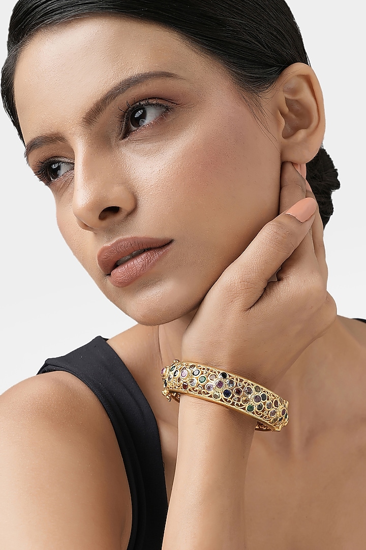 Gold Finish Navratna Stone Bangle In Sterling Silver by Ahilya Jewels