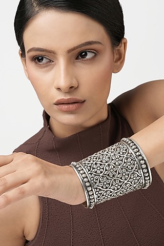 Silver Finish Cuff Bangle In Sterling Silver by Ahilya Jewels
