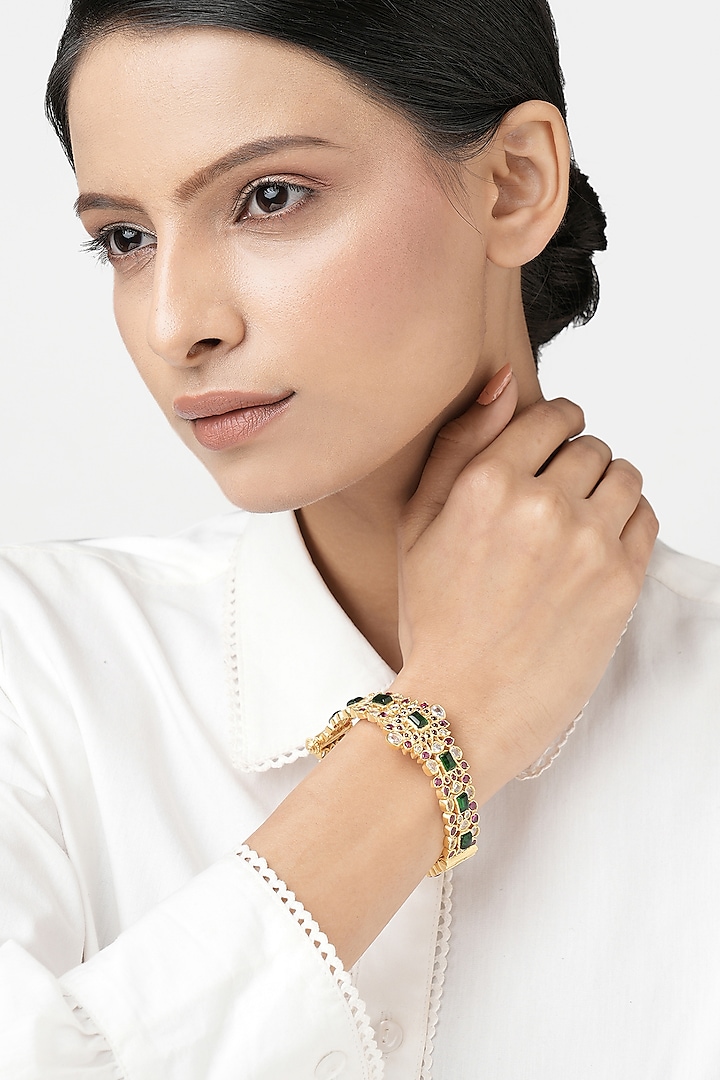 Gold Plated Multi-Colored Stone Bangle In Sterling Silver by Ahilya Jewels
