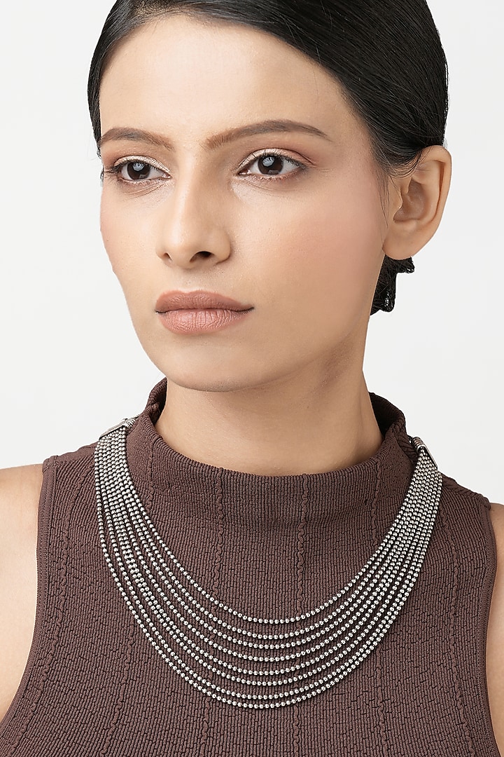 Silver Finish Layered Necklace In Sterling Silver by Ahilya Jewels