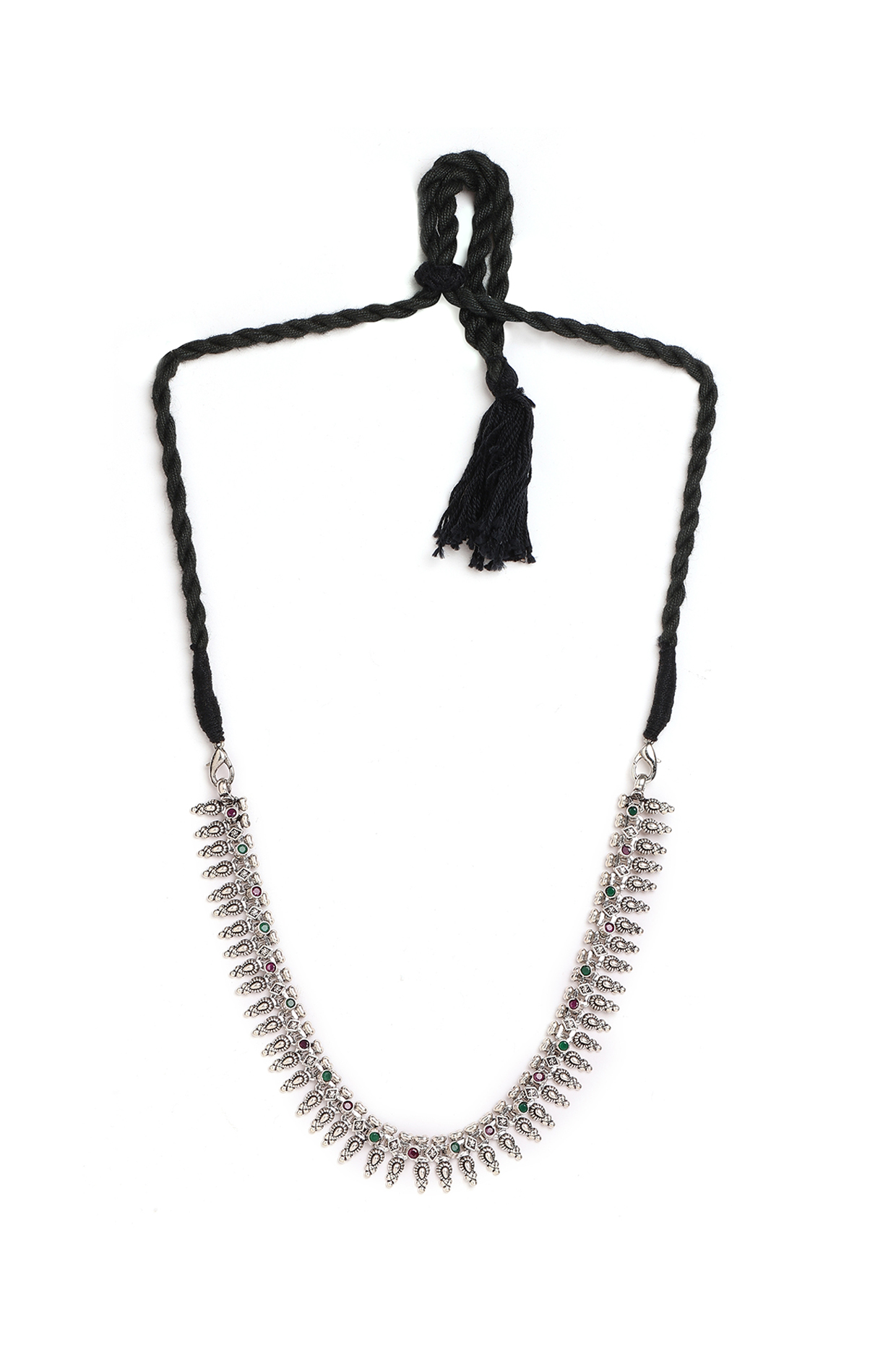 Silver Finish Green Stone Necklace In Sterling Silver by Ahilya Jewels