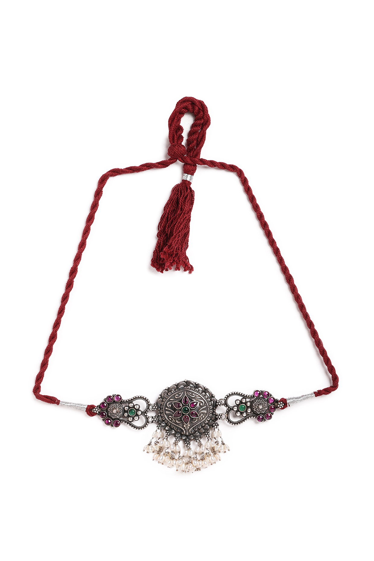 Silver Finish Pearl & Green Stone Choker Necklace In Sterling Silver by Ahilya Jewels