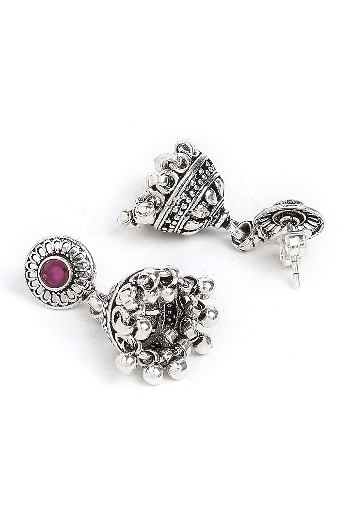 Oxidised Finish Ruby Jhumka Earrings In Sterling Silver by Ahilya