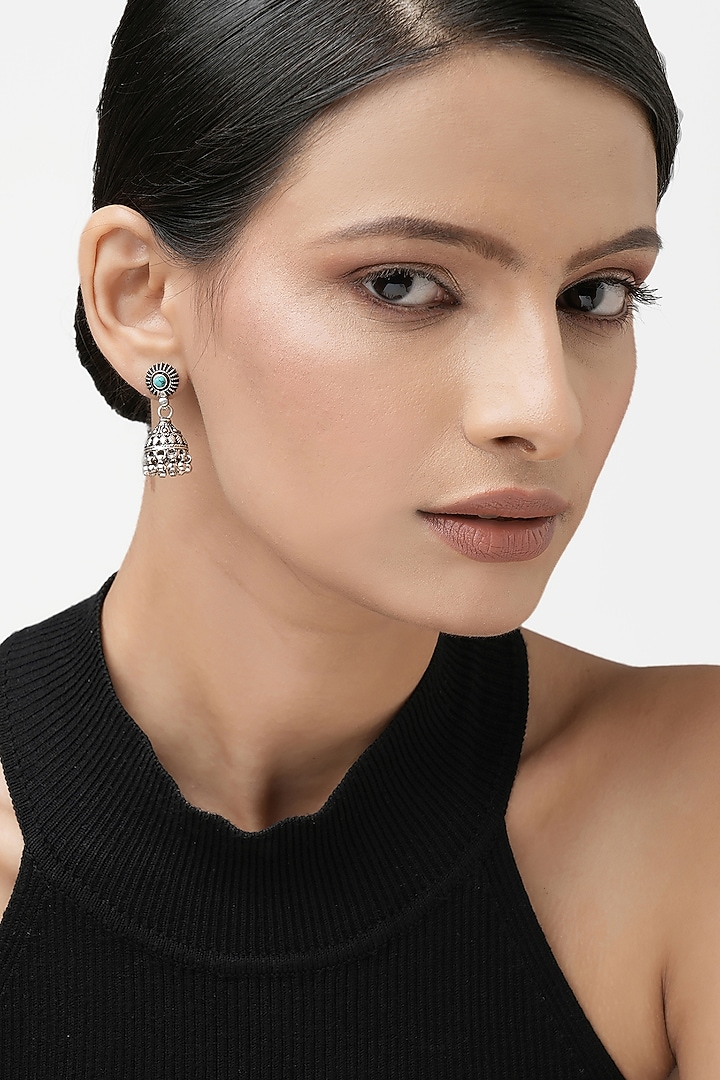 Oxidised Finish Turquoise Stones Jhumka Earrings In Sterling Silver by Ahilya Jewels at Pernia's Pop Up Shop