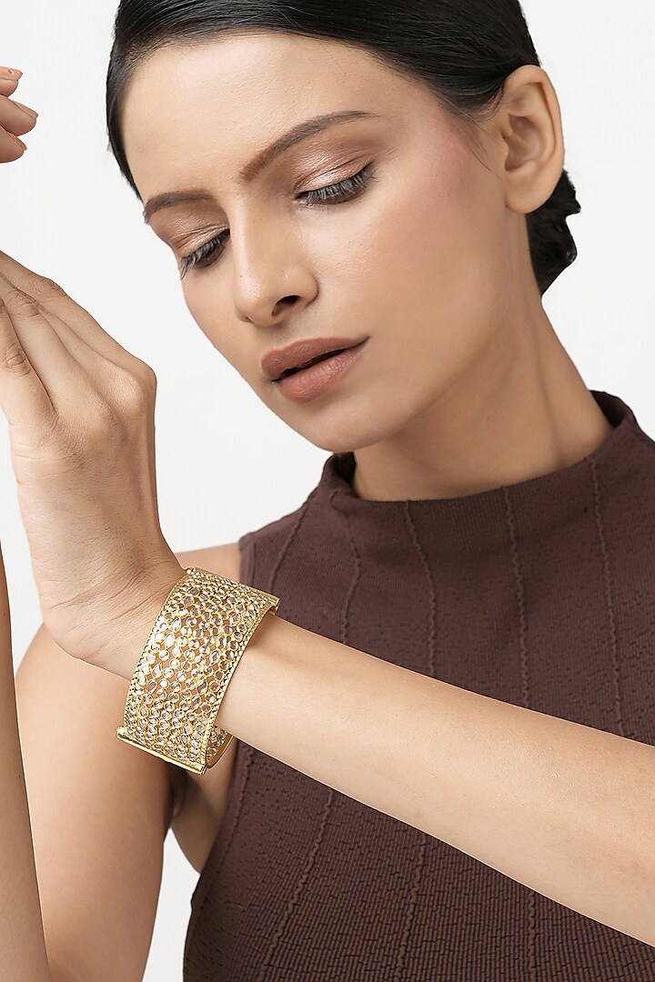 Gold Finish Stone Bangle In Sterling Silver by Ahilya Jewels