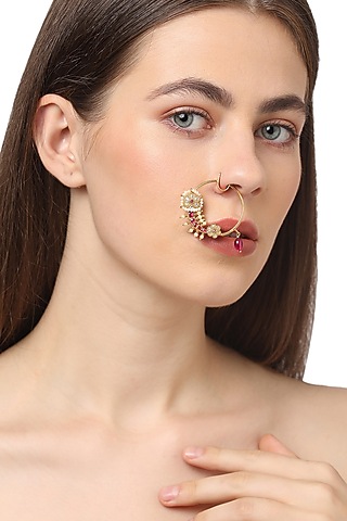 Gold Plated Pearl Nose Ring In Sterling Silver by Ahilya Jewels