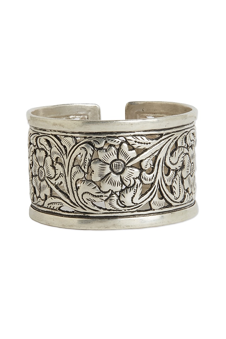 White Finish Oxidised Floral Adjustable Kada In Sterling Silver by Ahilya Jewels at Pernia's Pop Up Shop