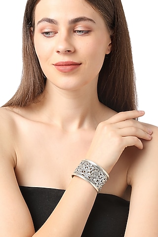 White Finish Oxidised Floral Adjustable Kada In Sterling Silver by Ahilya Jewels