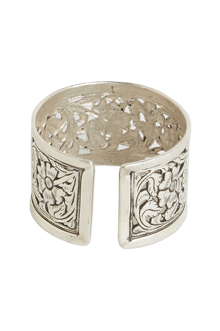 White Finish Oxidised Floral Adjustable Kada In Sterling Silver by Ahilya Jewels at Pernia's Pop Up Shop