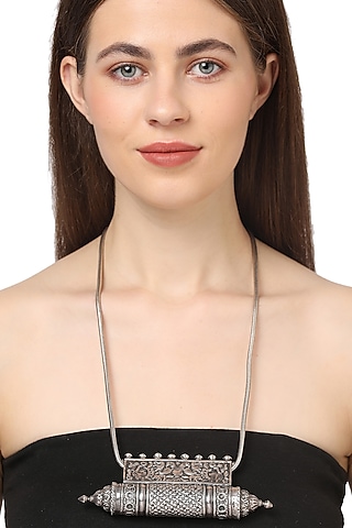 White Finish Long Pendant Necklace In Sterling Silver by Ahilya Jewels