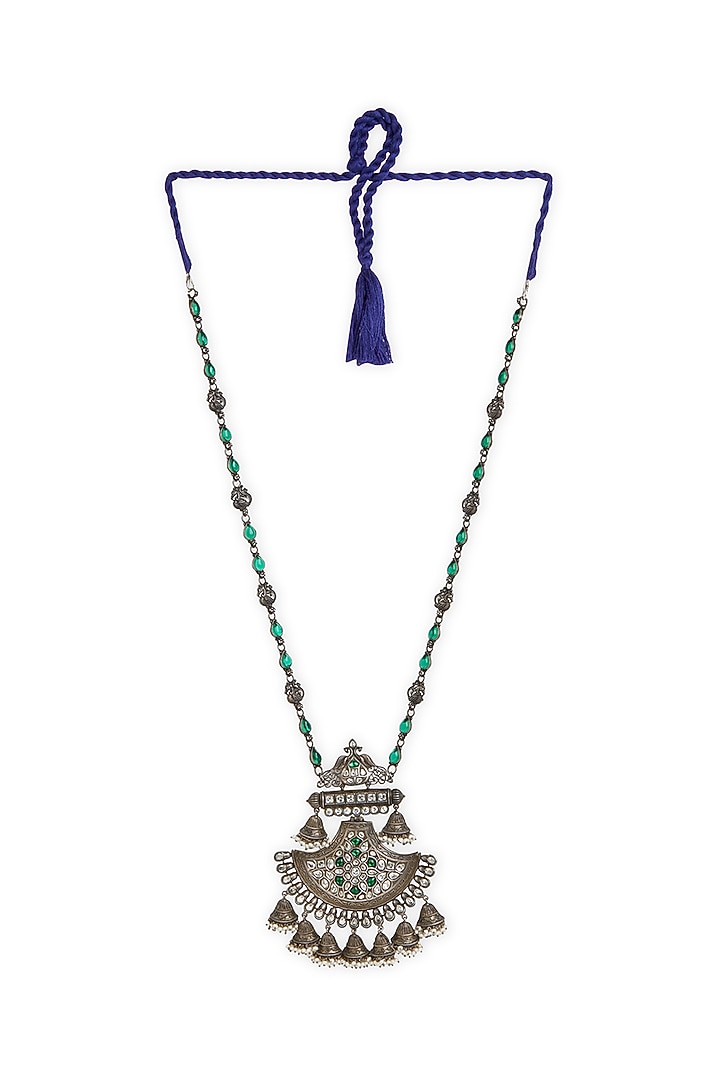 White Finish Green Stone Long Necklace In Sterling Silver by Ahilya Jewels at Pernia's Pop Up Shop