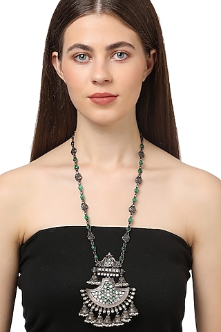 White Finish Green Stone Long Necklace In Sterling Silver by Ahilya Jewels
