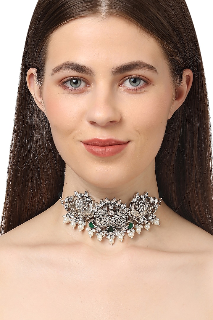 White Finish Green & White Stone Choker Necklace In Sterling Silver by Ahilya Jewels