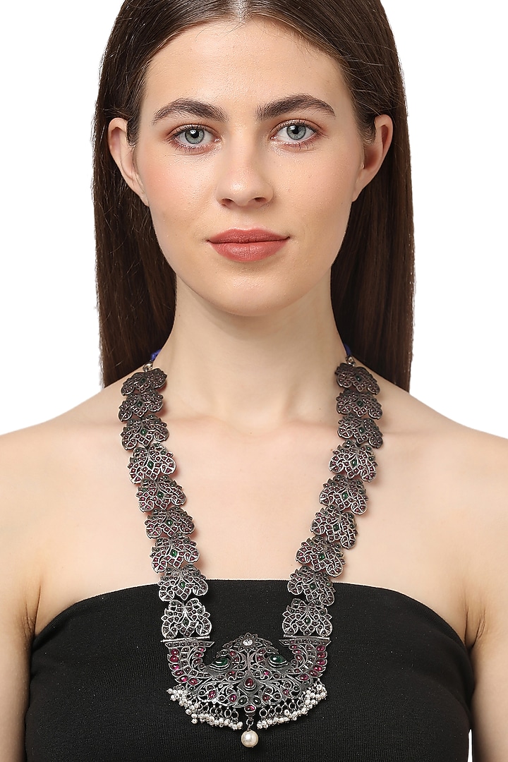 White Finish Pearl & Pink Stone Necklace In Sterling Silver by Ahilya Jewels at Pernia's Pop Up Shop