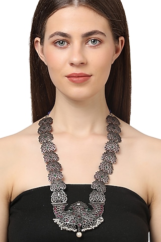 White Finish Pearl & Pink Stone Necklace In Sterling Silver by Ahilya Jewels