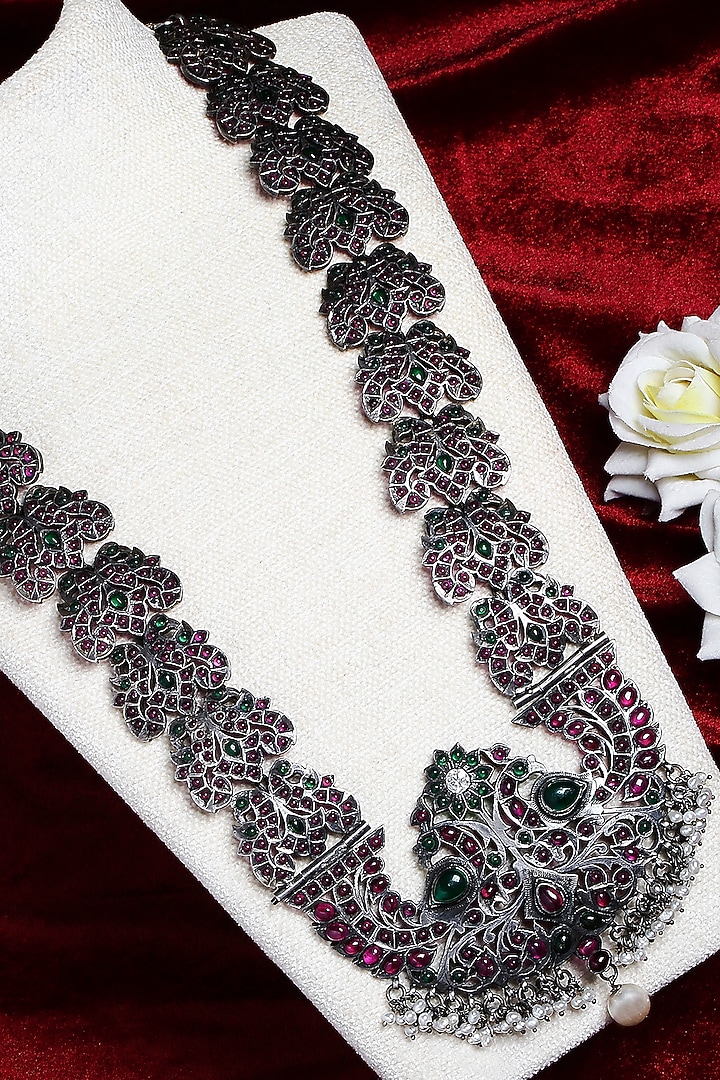 White Finish Pearl & Pink Stone Necklace In Sterling Silver by Ahilya Jewels at Pernia's Pop Up Shop