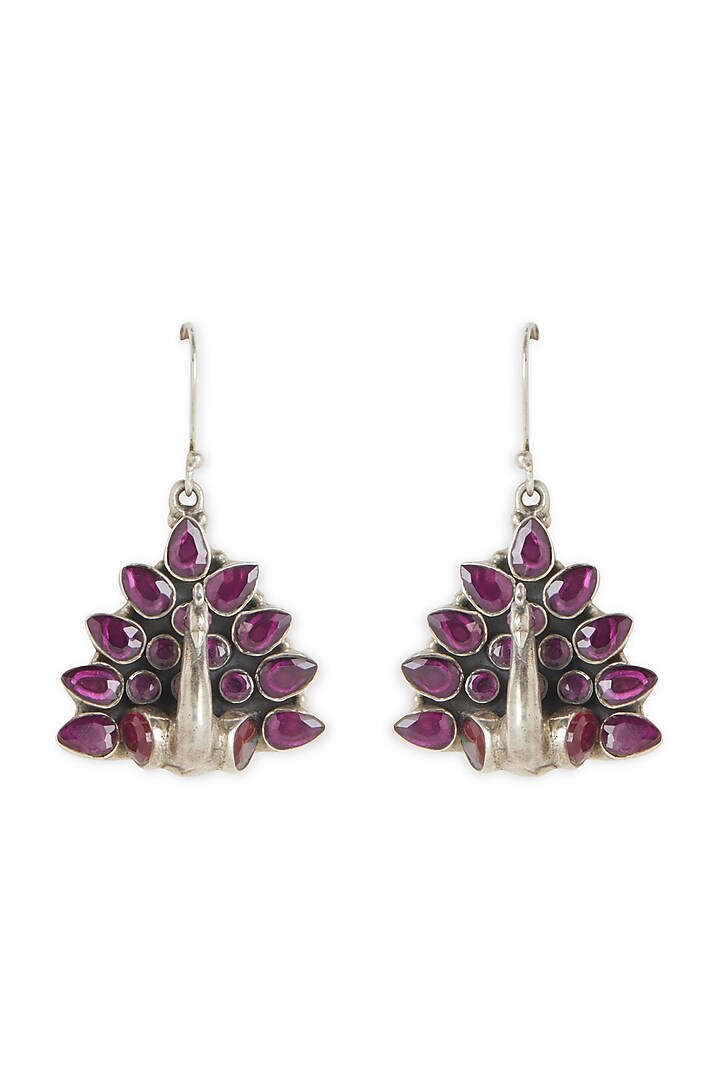 White Finish Pink Stone Dangler Oxidised Earrings In Sterling Silver by Ahilya Jewels at Pernia's Pop Up Shop