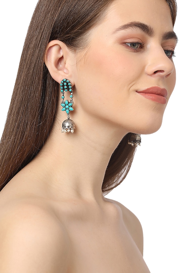 White Finish Turquoise Stone & Blue Pearl Jhumka Earrings In Sterling Silver by Ahilya Jewels