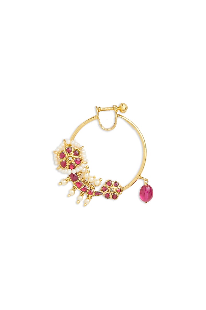 Gold Plated Pearl & Maroon Stone Nose Ring In Sterling Silver by Ahilya Jewels at Pernia's Pop Up Shop